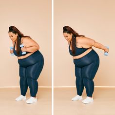 a woman in tight blue pants holding a bottle