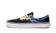 The Vans Era “Electric Flames” colorway brings up the heat on the classic skate and lifestyle shoe.  This sneaker features a sturdy canvas upper with a neon, “electric” flame print highlighting the quarter panels and solid black canvas for the toe, tongue, and heel.  The standard vulcanized rubber midsole and waffle pattern outsole you know and love from Vans completes this vibrant Era. Graphic Print Low-top Canvas Shoes For Streetwear, Vans Low-top Sneakers With Graphic Print, Shoe Shopping, Vans Era, Men's Vans, Stadium Goods, Mens Vans, Black Canvas, Vans Authentic Sneaker