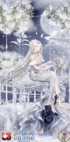 a woman sitting on top of a white bench under a sky filled with stars and clouds