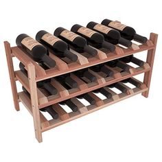 a wooden wine rack with twelve bottles of wine on it's sides and three shelves