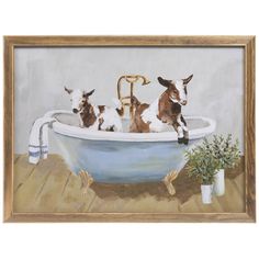 a painting of three goats in a bathtub with the faucet on it's side