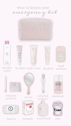 What’s In My Bag Coquette, Girly Bag Essentials, Pink Emergency Kit, What To Keep In Your Emergency Bag, What To Have In An Emergency Kit, Whats In My School Bag Coquette, Emergency Bag Aesthetic, Things To Put In Your Emergency Bag, Coquette Whats In My Bag