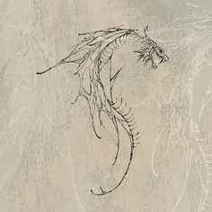 a black and white drawing of a dragon on a beige background with swirls in it