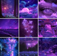 purple and blue images with stars in the sky, trees, and water at night