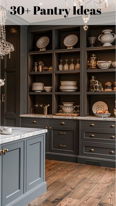 Luxurious pantry with marble countertops and dark cabinetry, blending elegance with practicality for a sophisticated kitchen space. Two Tone Pantry Cabinets, White Pantry Cabinet, Pantry Cabinet Colors, Moody Pantry Ideas, Moody Butlers Pantry, Pantry With Windows, Pantry Paint Colors, Luxury Pantry Walk In, Butler Pantry Cabinets