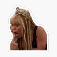 a woman with long blonde hair wearing a tiara and making a funny face sticker