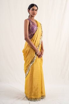 Yellow silk chanderi tissue saree with multicolour heavy tassled palla. Comes with an unstitched blouse piece. - Aza Fashions Diwali Cotton Silk Blouse Piece With Gota Work, Anarkali Pre-draped Saree With Gota Work In Cotton Silk, Festive Pre-draped Saree In Slub Silk With Gota Work, Anarkali Pre-draped Saree In Cotton Silk With Gota Work, Diwali Cotton Silk Saree With Gota Work, Slub Silk Saree With Gota Work For Transitional Season, Cotton Silk Saree With Gota Work, Cotton Silk Saree With Gota Work In Traditional Drape, Transitional Cotton Silk Blouse Piece With Gota Work