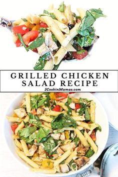 grilled chicken salad recipe in a white bowl with text overlay that reads grilled chicken salad recipe