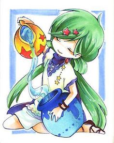 a drawing of a girl with green hair and blue eyes holding a ball in her hand