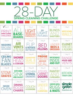 the 28 - day spring cleaning challenge is shown in green, yellow and orange colors