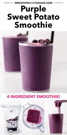 purple sweet potato smoothie in a blender with text overlay that reads 4 ingredient smoothie