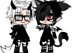 two anime characters with black hair and red eyes, one is dressed in gothic clothing