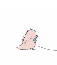 a pink dinosaur with a blue phone in its mouth is sitting on the ground and looking up at it's tail