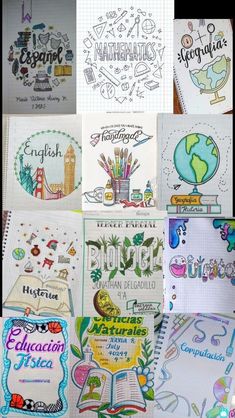 many different colored drawings are shown in this collage with the words and symbols on them