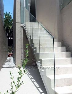 the stairs lead up to an apartment building with glass railings on each side and palm trees in the background