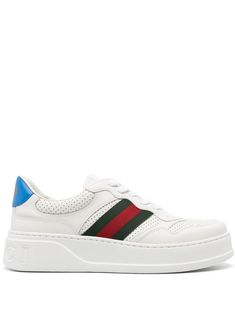 white/green/red calf leather smooth grain perforated detailing logo patch at the tongue signature Web-stripe trim contrasting branded heel counter round toe front lace-up fastening flat rubber sole branded insole Gucci Lace-up Sneakers With Logo Detail, White High-top Custom Gucci Sneakers, Gucci Leather Low-top Platform Sneakers, Sporty Leather Platform Sneakers With Logo Detail, Sporty Leather Platform Sneakers With Logo, Gucci Low-top Platform Sneakers With Branded Insole, Gucci High-top Lace-up Sneakers With Logo, Leather Platform Sneakers With Logo Detail And Round Toe, Gucci Lace-up High-top Sneakers With Logo Detail