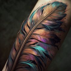 a colorful feather tattoo on the arm