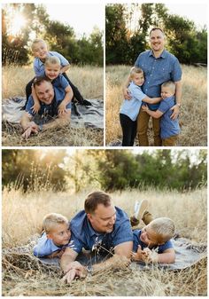 a man and two boys are playing with each other in the grass while another boy is holding