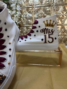 Pick your own colors and Personalized Dancers Sneakers for your Quinceañera. Remember to add your name and the date of the event on the Personalization tab. Perfect match for that dress, don’t forget to ask us for a matching Tiara - Crown. You can search in our Etsy store - GuiltychicPrint for more information about our reviews.🌟Includes🌟- Pick shoelace colors. - The toe top is covered with bright rhinestones.- On the sides of the shoe (right & left), the idea/name/date is printed in solid or glitter color.- Date of the event on the back🧡You will receive🧡- One pair of Personalized sneaker canvas off-brand- One special custom bag for the shoes🙏Working together🙏- You can pick a combination of the colors. See the letter color options below.- Please enter the date of the celebration and Customizable White Sneakers For Party, Quince Sneakers, Quinceanera Shoes, Pink Quince, Quince Ideas, Blue Crown, That Dress, Tiara Crown, 15 Gifts