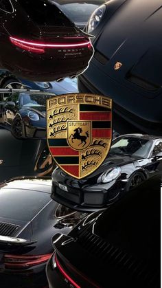 several cars parked in a parking lot with the emblem on one of them's hoods