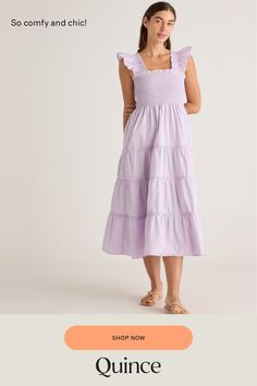 This floaty, flirty, light dress is about to become your fave for summer. Flattering A-line cut, smocked elasticated top, tiered poplin skirt. The sleeveless style has ruffle detailing and all in breathable, natural 100% organic cotton poplin. It's soft, comfy, and the midi-length has the potential to be dressed up or down.  | Quince | Women's Smocked Midi Dress in Pastel Lilac, Size XL, Organic Cotton Poplin Skirt, Pastel Lilac, Light Dress, Quince, Cotton Poplin, Midi Length, Smocking, Lilac, A Line