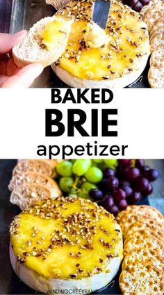 baked brie appetizer with grapes and crackers on the side is shown