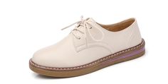 Beige Flat Lace-up Shoes With Leather Sole, Spring Oxfords With Textured Sole, Classic Flat Heel Lace-up Shoes For Spring, Spring Low-top Oxford Shoes, Casual Flat Oxfords For Office, Casual Wingtip Leather Flats, Spring Business Lace-up Shoes With Flat Heel, Oxford Loafers With Rubber Sole And Round Toe, Elegant Flats With Laces And Round Toe