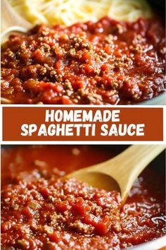 homemade spaghetti sauce in a bowl with a wooden spoon