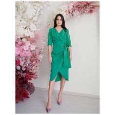 Wrap cocktail midi green dress with adjustable waist thanks to the help of two cords. It is very suitable for cocktail parties, wedding guest  and other special events. With the highlighted waist, this pink dress is very feminine, easy to wear and versatile. We have used size XS/S for these images. Dry cleaning is recommended or a very gentle and warm wash at 30°C maximum. Elegant Green Ruched Evening Dress, Elegant Green Ruched Dress, Fitted Green Midi Dress For Dinner, Elegant Green Ruched Midi Dress, Elegant Green Midi Evening Dress, Green Ruched Dress For Gala, Elegant Green Evening Midi Dress, Green V-neck Midi Dress For Dinner, Dressy Belted Midi Dress For Party