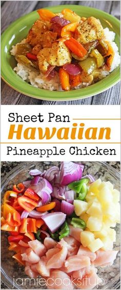 hawaiian chicken and vegetables on a plate with text overlay that reads sheet pan hawaiian pineapple chicken