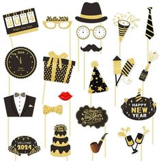 new years photo booth props and decorations for a party or special event with gold, black and white colors