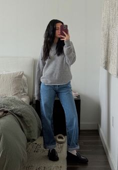 TAP TO SHOP ~ Casual ootd - grey knit sweater, Levi's 501 90s jeans (my go to) reformation loafers  Follow my shop @michelleinfusino on the @shop.LTK app to shop this post and get my exclusive app-only content!  #liketkit #LTKActive #LTKSeasonal #LTKFindsUnder100 @shop.ltk https://liketk.it/4X2vQ Loafer And Jeans Outfit, Reformation Loafers, Grey Knit Sweater Outfit, Flat Loafers Outfit, Levis 501 Outfit, 501 90s Jeans, Loafers Outfit Ideas, Loafers And Jeans, Loafer Outfits