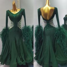 two pictures of a green dress with feathers on it