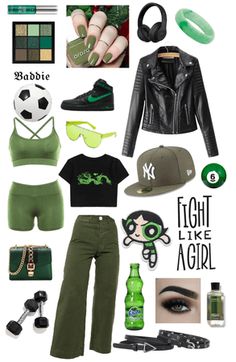 a collage of green and black items including clothing, shoes, hats, and accessories