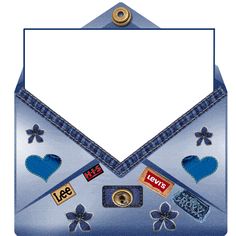 an envelope decorated with stickers and magnets is shown in the shape of a heart