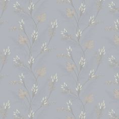 a blue wallpaper with white flowers and leaves on the top right hand corner is an off - white background