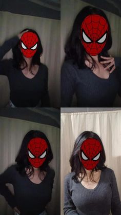 a woman wearing a spiderman mask in four different pictures, with the same expression on her face