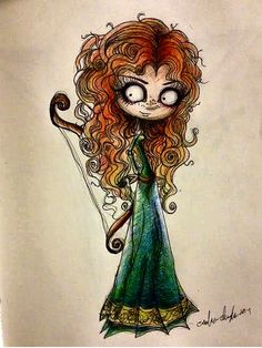 a drawing of a girl with long red hair holding a bow and arrow in her hand