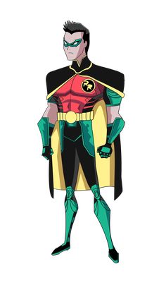 the green lantern is standing with his cape open and wearing a red, black and yellow costume