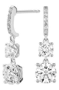 Brilliant lab-grown diamonds seem to hover just below an elegant line of additional stones on these stunning drop earrings rendered from 14-karat white gold. Total lab-created-diamond weight: 2ct. or 4ct. Color: G–J Clarity: VS 14k gold/lab-grown diamond Imported >Diamond Guide White Gold Linear Dangle Earrings With Brilliant Cut, White Gold Linear Drop Earrings With Brilliant Cut, Timeless White Gold Cubic Zirconia Linear Earrings, Timeless Linear Earrings In White Gold With Prong Setting, Timeless White Gold Linear Earrings With Prong Setting, Classic White Gold Linear Earrings With Cubic Zirconia, Classic White Gold Cubic Zirconia Linear Earrings, Anniversary White Gold Diamond Linear Earrings, White Gold Diamond Linear Earrings For Anniversary