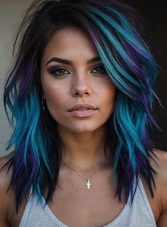 Teal Blonde Hair, Hair Dye Placement Ideas, Purple Teal Hair, Fun Hair Color Ideas For Brunettes, Purple And Teal Hair, Teal And Purple Hair, Bangs 2023, Peacock Hair Color