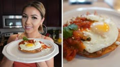 a woman holding a plate with an egg on it and another photo of the same food