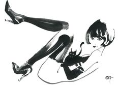 a black and white drawing of a woman with a cat on her lap, in the air