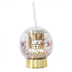 a snow globe with a straw sticking out of it's top and the words let it snow printed on it