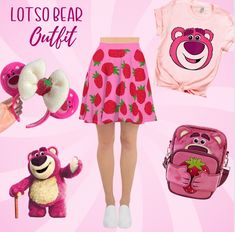 lots o huggin bear from toy story 3 smells like strawberry skirt, loungefly backpack, Minnie ears, and shirt Lotso Disney Bound, Strawberry Skirt, Loungefly Backpack, Disney Bounding, Disney Inspired Outfits, Bear Outfits, Pixar Toys, Minnie Ears