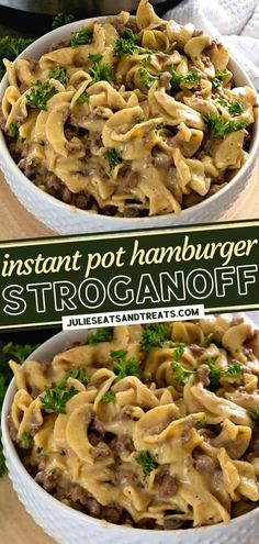 two white bowls filled with pasta and meat on top of a wooden table next to an instant pot hamburger stroganonoff