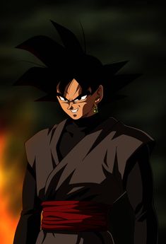 a cartoon character with black hair wearing a red belt and green eyes, standing in front of a dark background