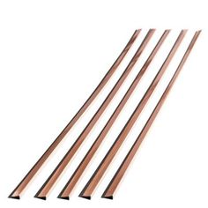 four pieces of copper colored metal rods on a white background with clippings to the side