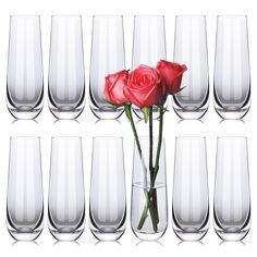 a rose in a vase surrounded by many empty glasses