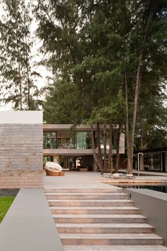 an outdoor area with steps leading up to the house